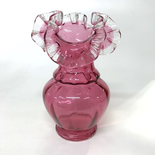 ART GLASS (VASE), Magenta Pink Tall Frill Neck